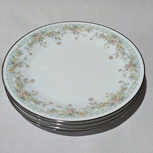 4 Noritake Spring Field Dinner Plates 10" flowers vtg Japan silver rim green